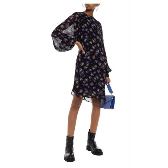 Ganni Floral Georgette Long Sleeve Shift Mini Dress Multicolor Size 36 - Picture 1 of 14